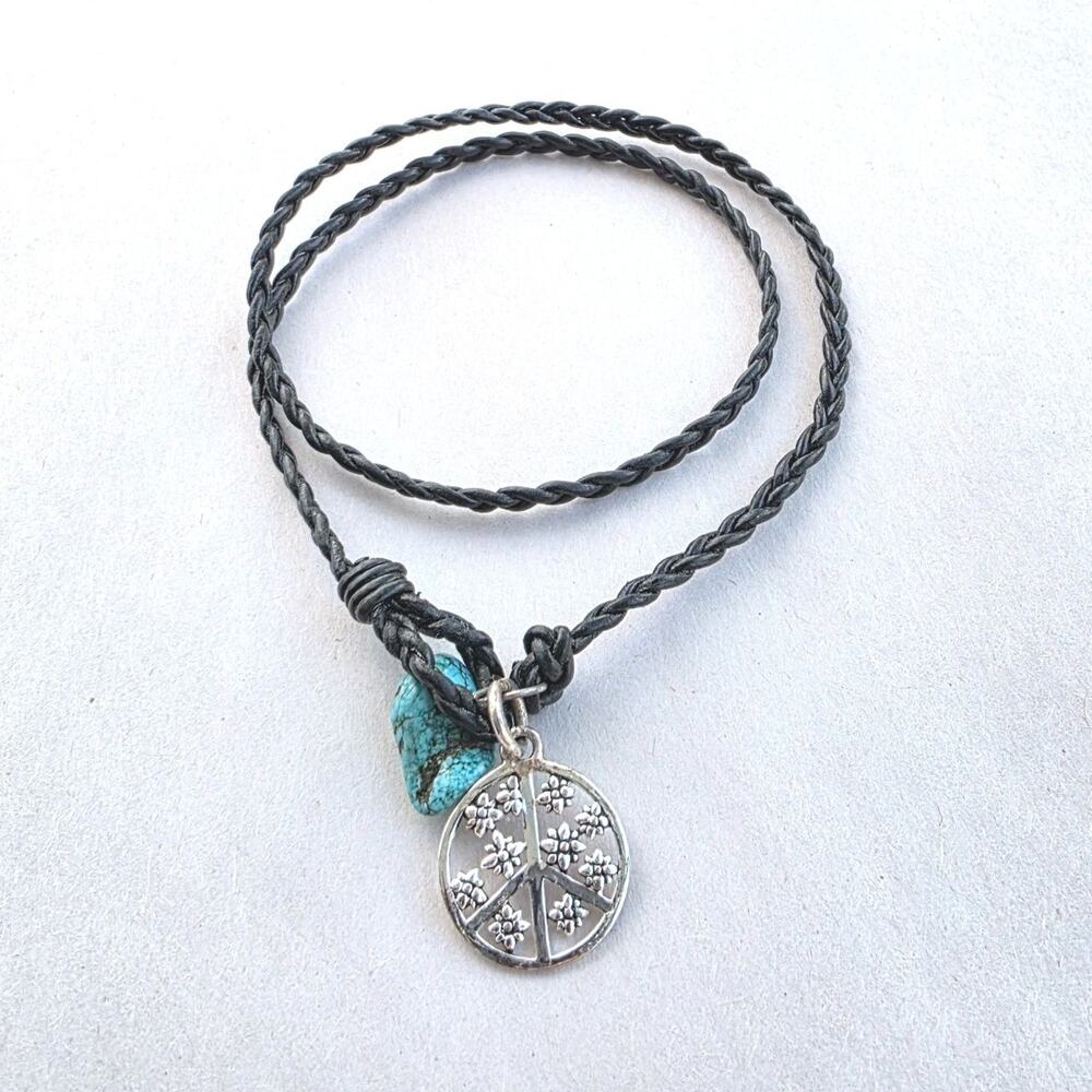 LA Peace Sign 925 Sterling Silver Turquise Braided Leather Wrap‎ Bracelet Flower